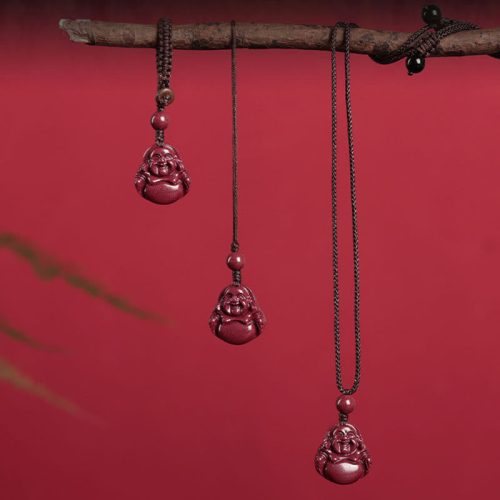 Chinese Cinnabar Laughing Buddha Pendant Necklace