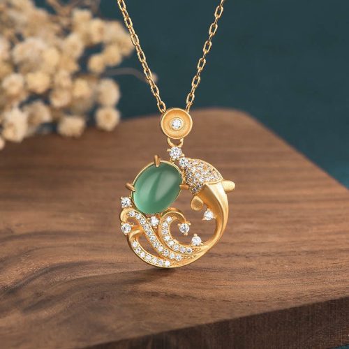 Green Chalcedony Koi Fish Strength Pendant Necklace