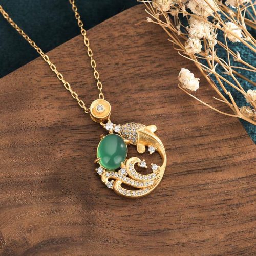 Green Chalcedony Koi Fish Strength Pendant Necklace