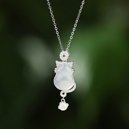 925 Silver White Jade Cat Protection Pendant Necklace