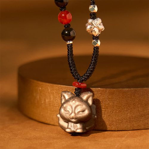 Natural Silver Sheen Obsidian Nine Tailed Fox Pendant
