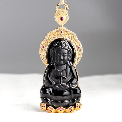 Natural Black Jade Kwan Yin Wealth Pendant Necklace