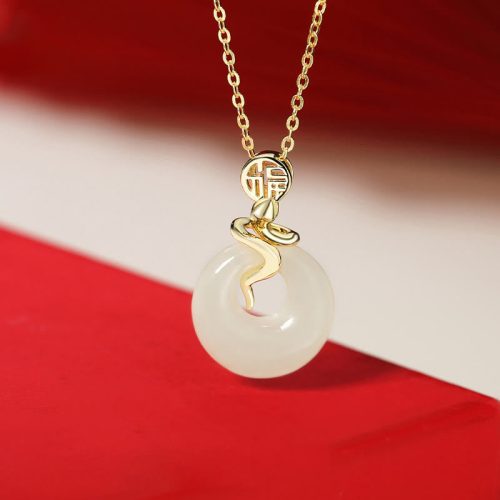 925 Silver Hetian Jade Snake Peace Pendant Necklace