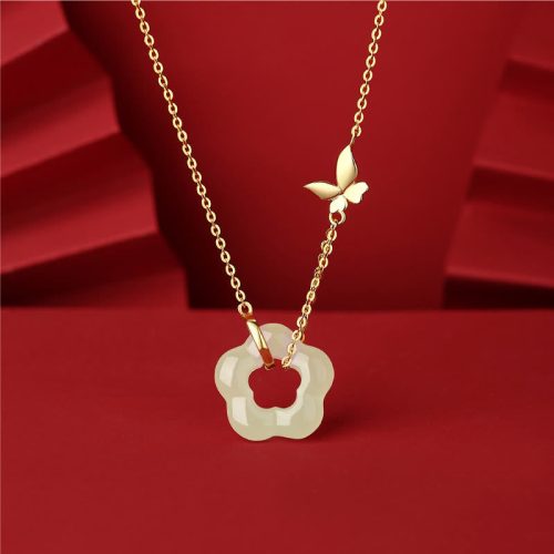 925 Silver Butterfly Hetian Jade Pendant Necklace