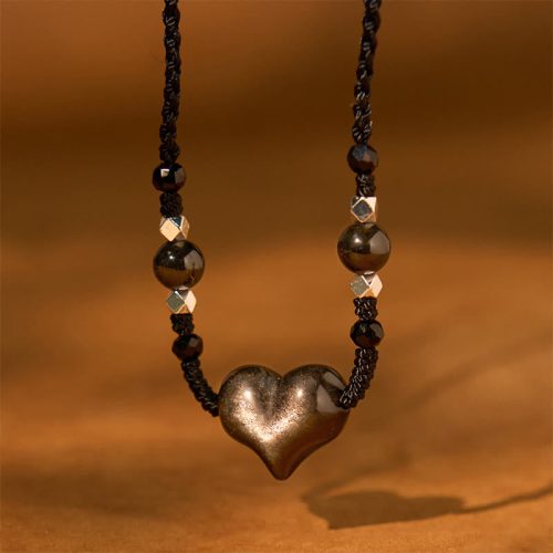 Natural Silver Sheen Obsidian Heart Pendant Necklace