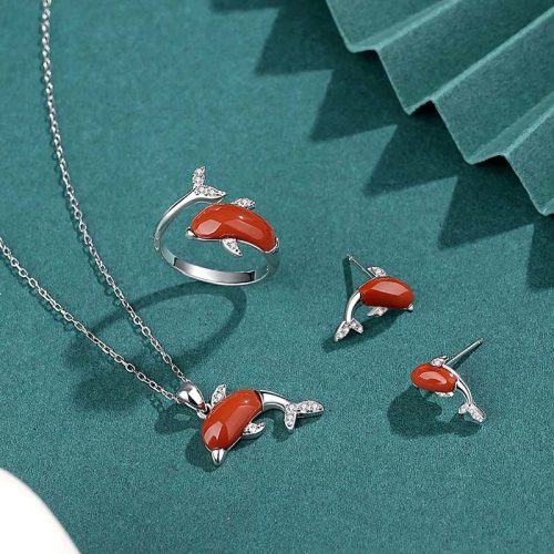 925 Silver Dolphin Jade Agate Jewelry Set