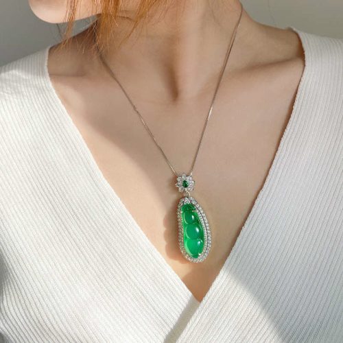 Cyan Jade Fortune Bean Luck Pendant Necklace