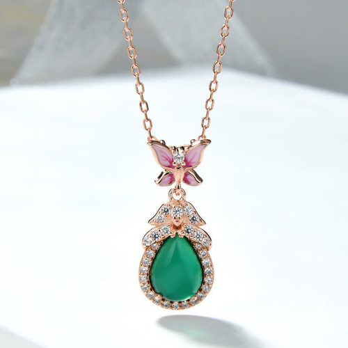 925 Silver Green Chalcedony Butterfly Necklace