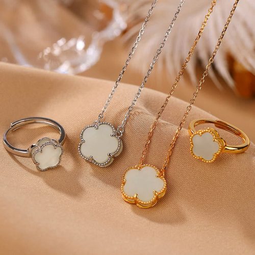 Natural Hetian Jade Flower Luck Necklace Ring Set
