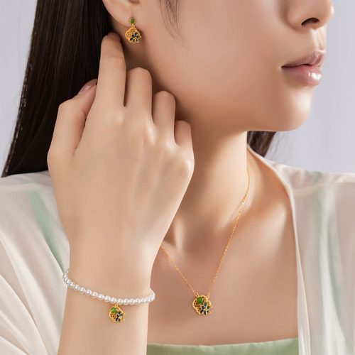 925 Silver Clover Healing Jewelry Set with Hetian Jade and Pearl