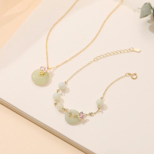 925 Silver Hetian Jade Peace Buckle Bracelet & Necklace Set