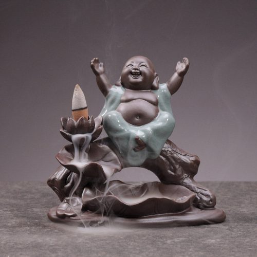 Ceramic Lotus Incense Burner with Little Monk Design