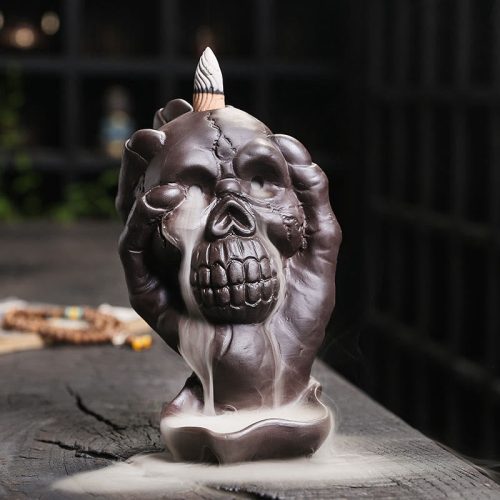 Purple Clay Skull Incense Burner with Ghost Hand