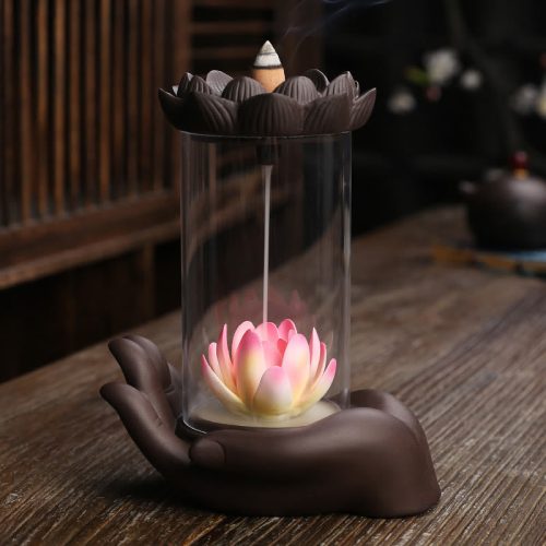 Räuchergefäß mit Buddha-Hand aus lila Ton und LED-Licht