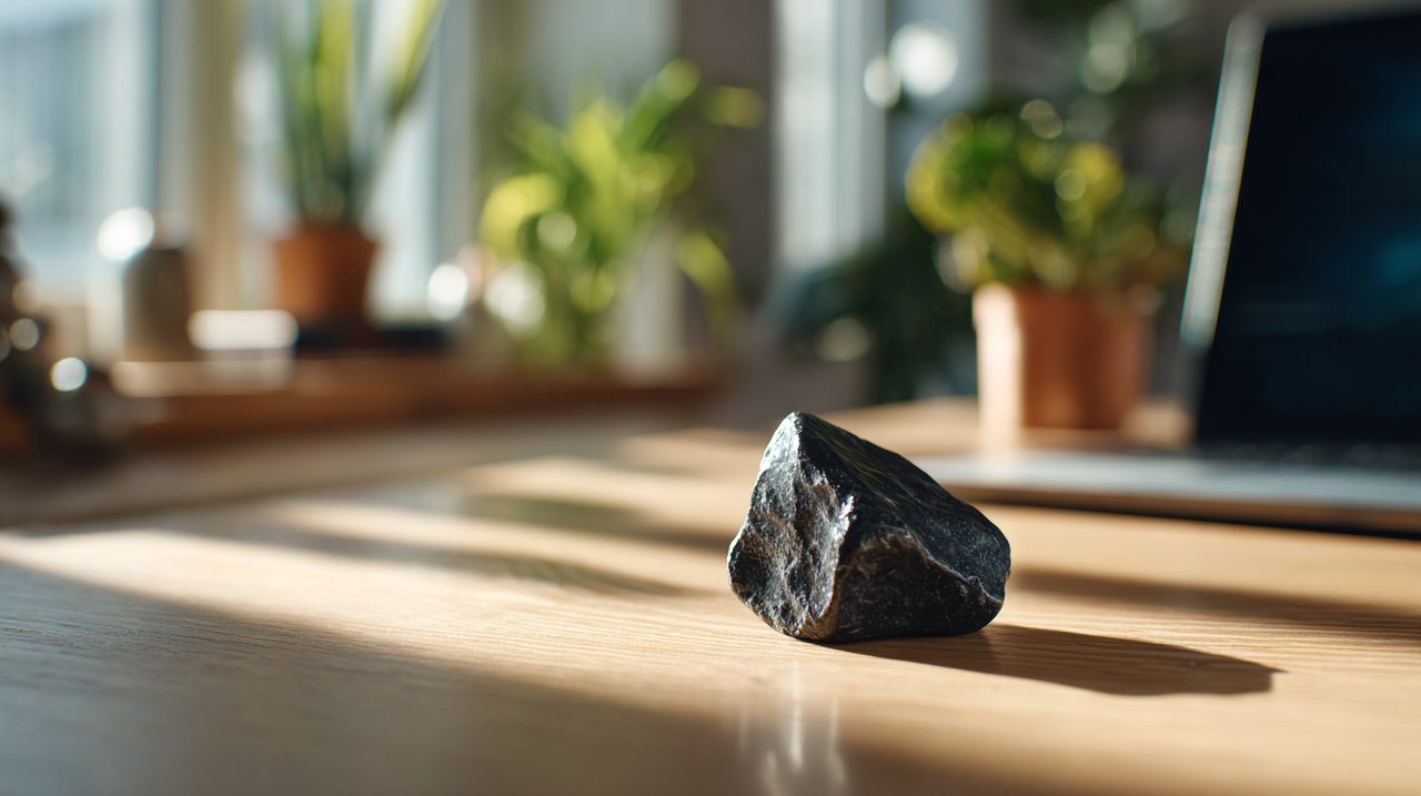 Black obsidian stone on a modern desk in a home office.