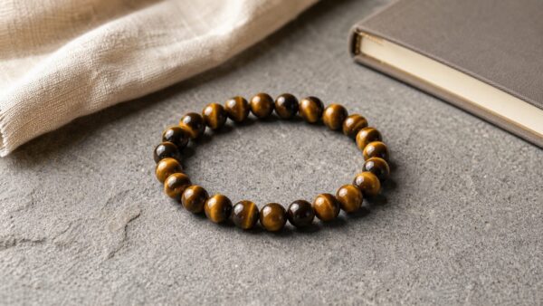 Tiger eye bracelet with golden brown beads on a gray stone surface