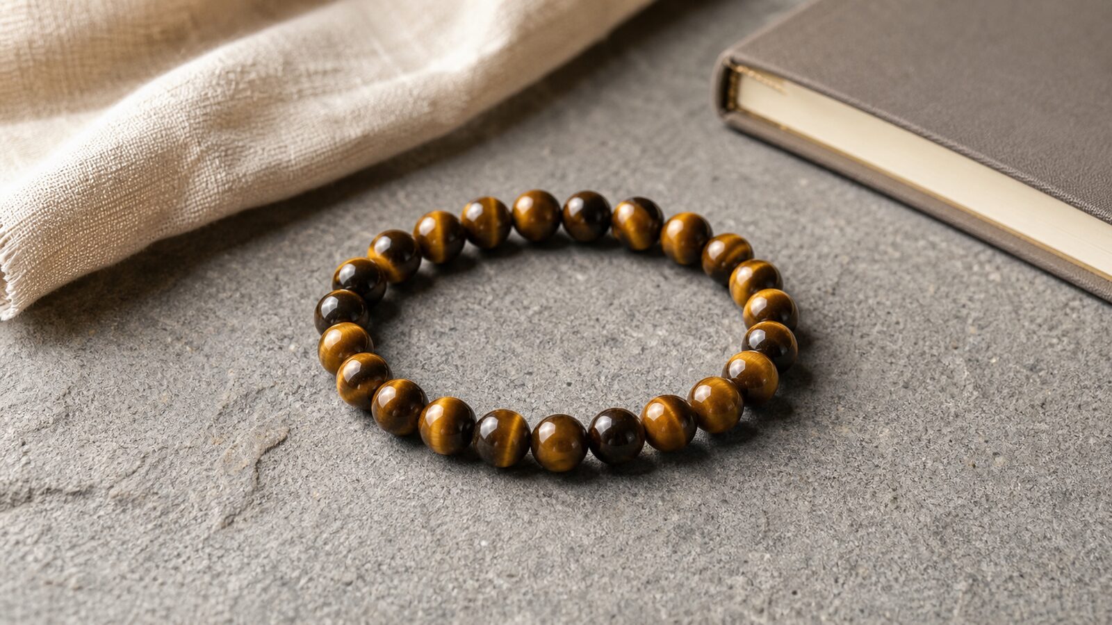 Tiger eye bracelet on a stone surface Tiger eye bracelet with golden brown beads on a gray stone surface
