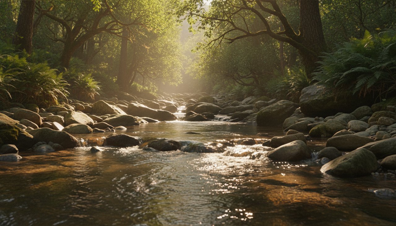 A serene mountain stream with sunlight filtering through trees