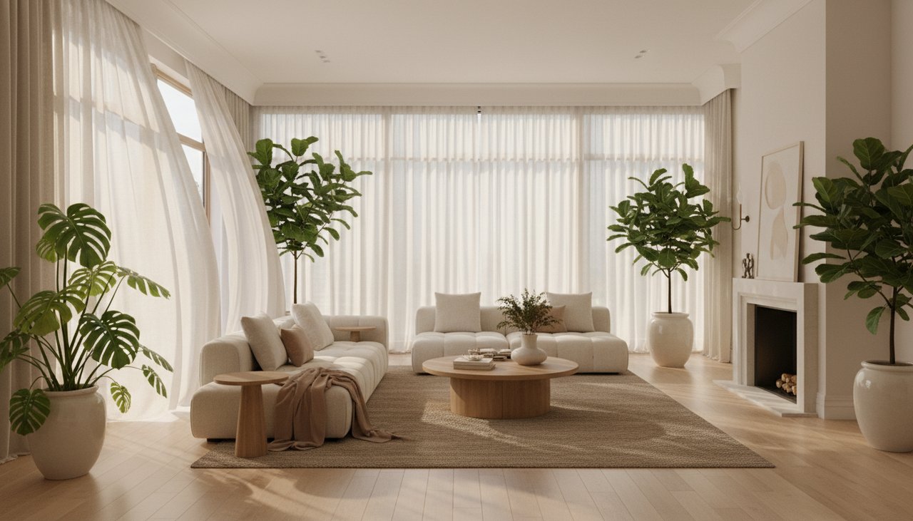 A bright and airy living room with soft natural light