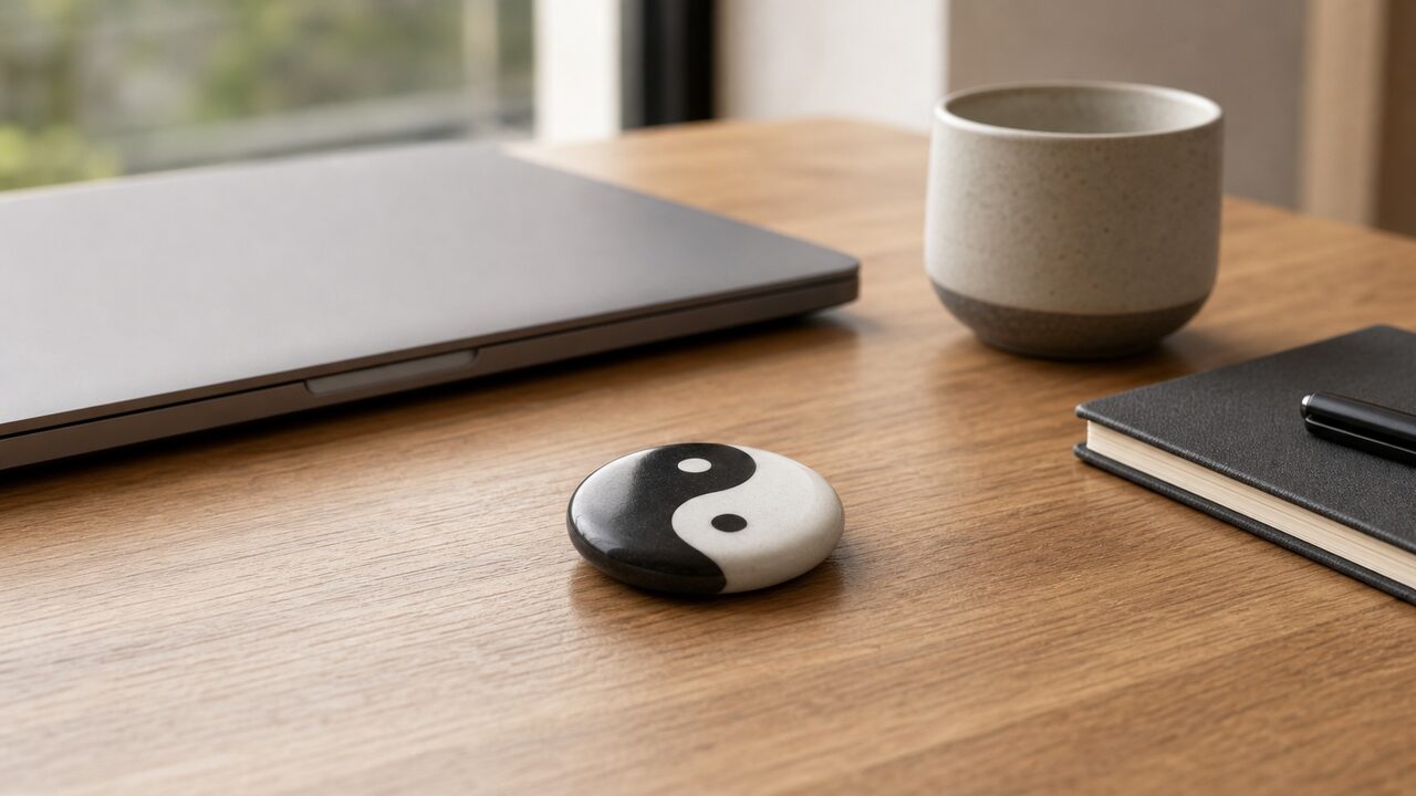Yin Yang Balance Stone Workspace Yin Yang balance stone on a modern workspace beside a closed laptop and notebook