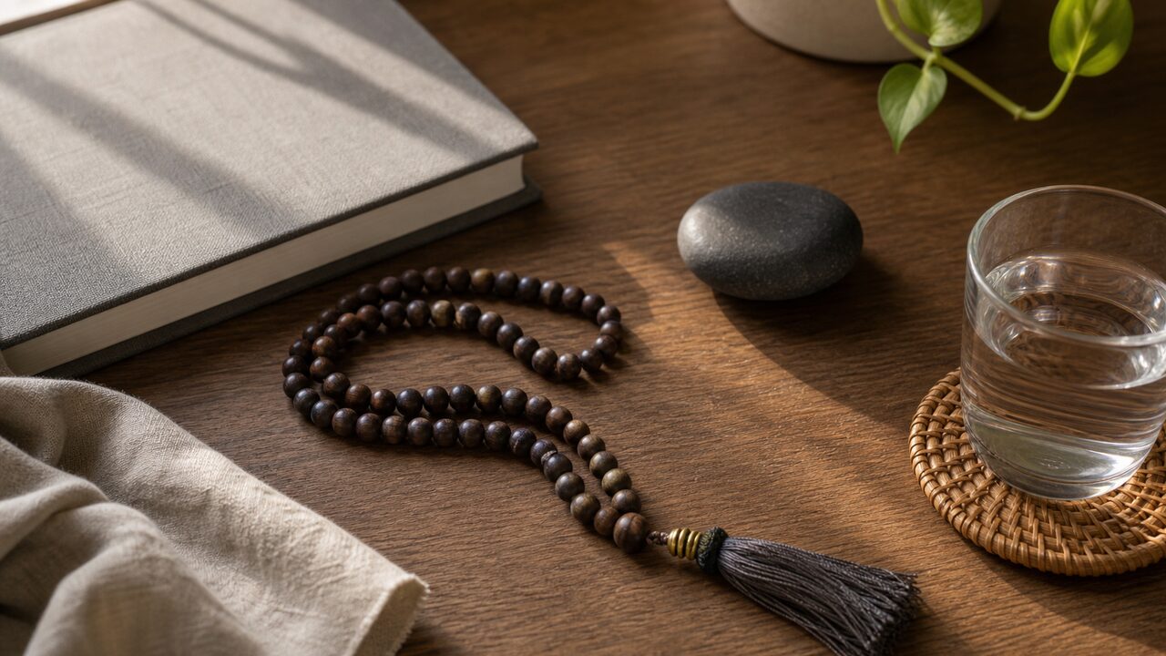 Screen Free Yin Recovery Reset Mala beads and a smooth balance stone arranged for a screen-free recovery pause