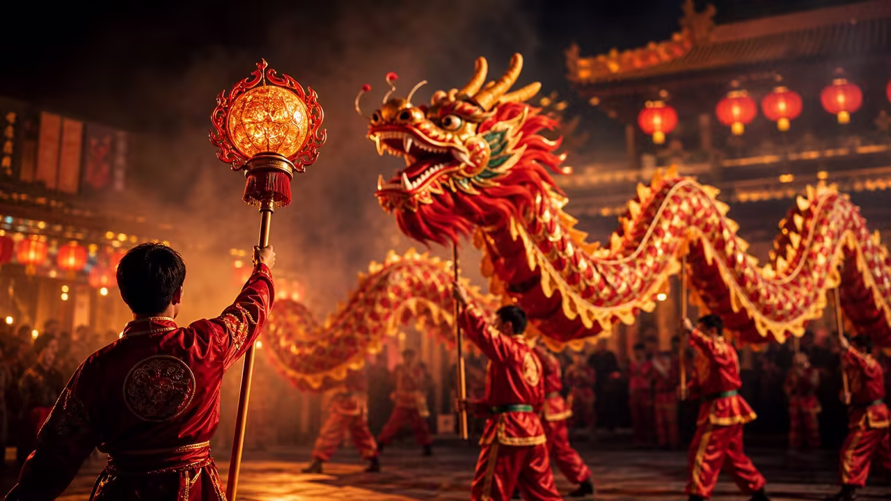 Dragon Dance Pearl Bearer Leading the Dragon Chinese dragon dance with a pearl bearer leading a red and gold dragon costume