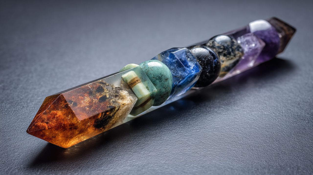 Una vara de cristal de siete chakras meticulosamente elaborada, que muestra diferentes gemas de colores.