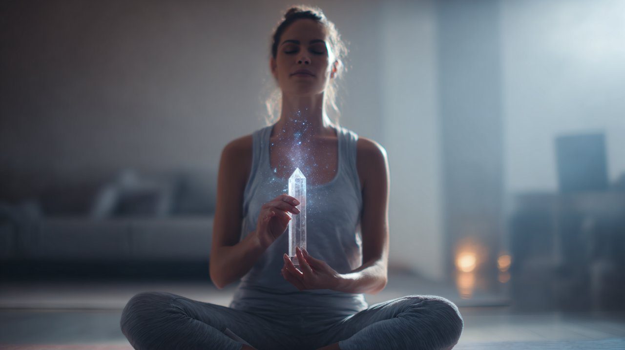 Una persona meditando con una vara de cristal para los chakras que brilla, rodeada de una luz etérea que representa el flujo de energía.