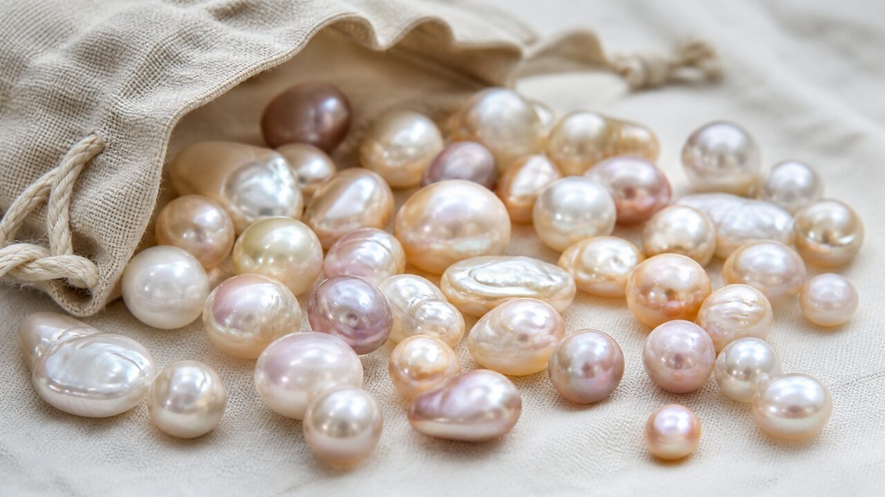 Freshwater cultured pearls in round, oval, and baroque shapes with cream, blush, and lavender tones