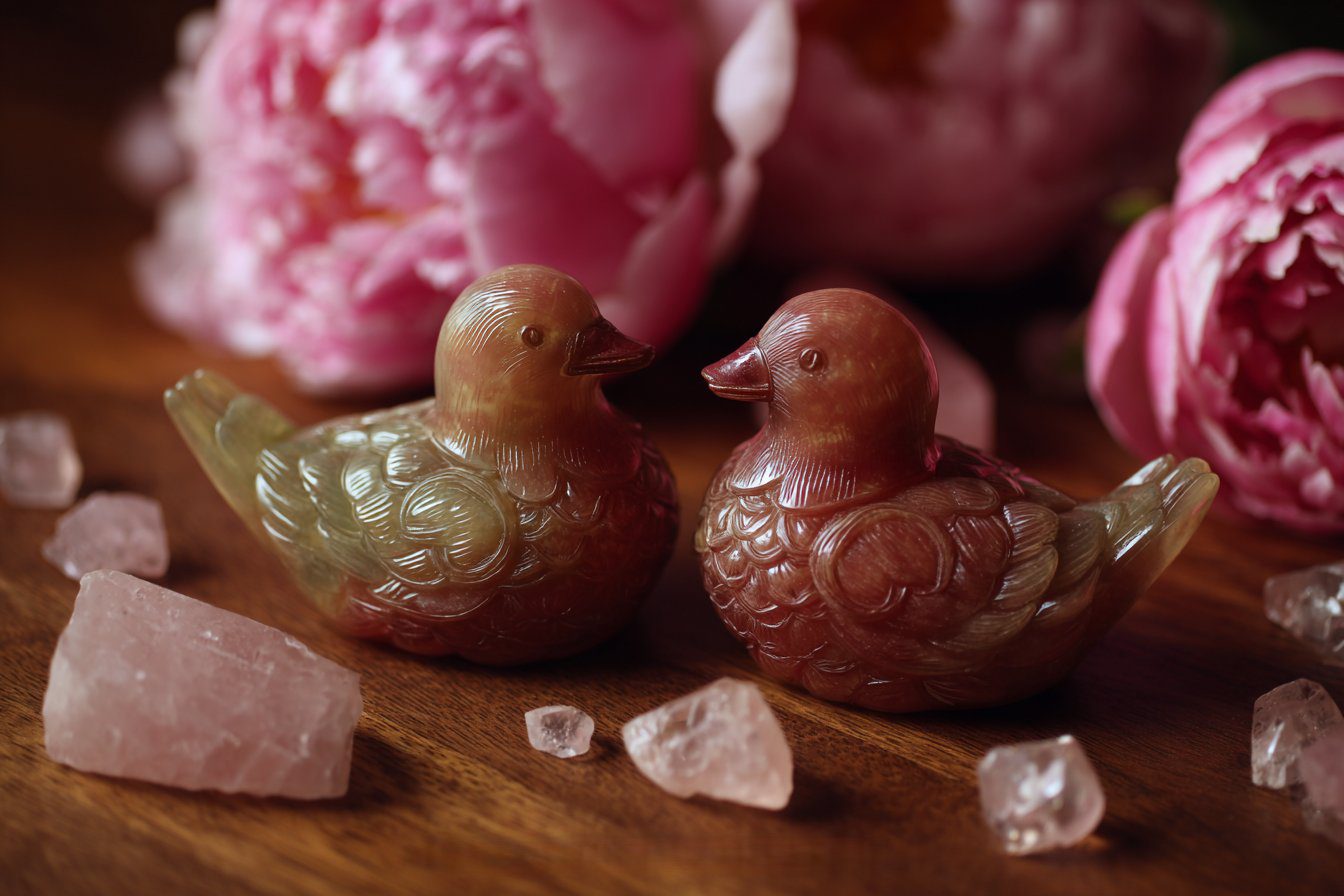 A close-up shot of a pair of intricately carved "mandarin ducks" statues placed on a polished wooden surface, surrounded by soft pink "rose quartz" crystals and a single fresh, vibrant peony flower. The lighting is gentle and romantic, creating a soft glow, symbolizing eternal "love" and partnership. Still life photography, shallow depth of field,