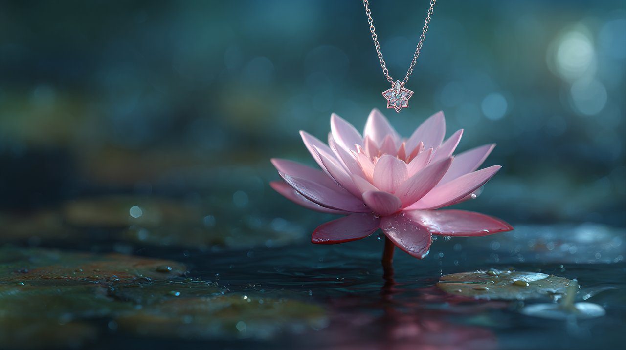 A beautiful lotus flower necklace with a blooming lotus.
