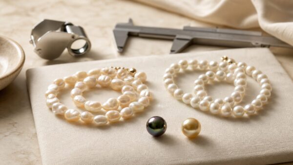 Freshwater, white, dark, and golden pearls arranged with jewelry appraisal tools