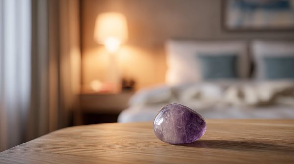 Amethyst-Trommelsteine auf einem Nachttisch in einem friedlichen Schlafzimmer.