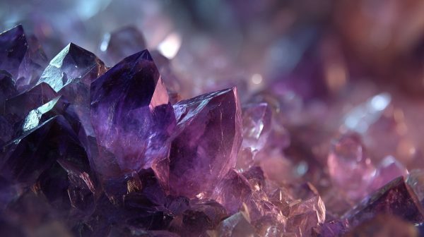 Nahaufnahme einer detaillierten Amethystdruse, die friedliche Energie ausstrahlt.