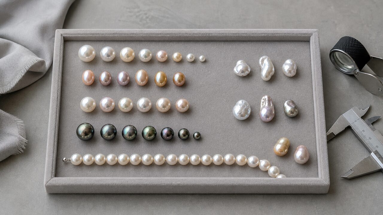 Loose pearls arranged for comparison by size, shape, color, luster, surface quality, and matching