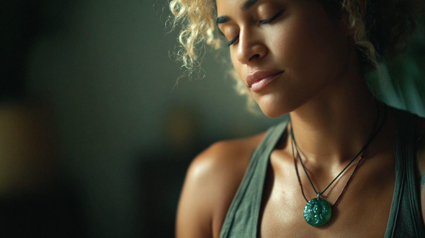 A person meditating with a jade Buddha necklace, symbolizing energy management and inner peace.