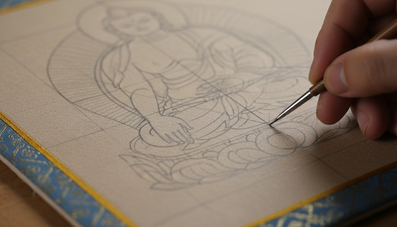 Artist drawing the sacred geometry of a Thangka
