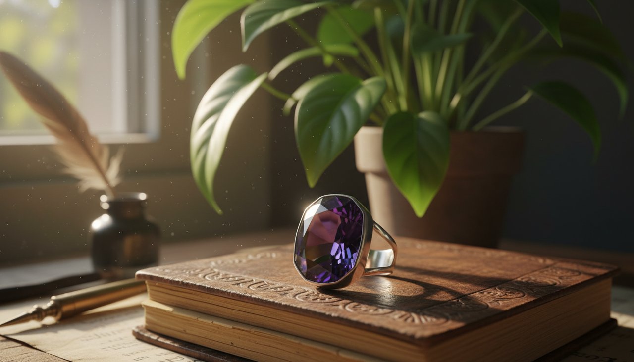 Amethyst ring and geode for meditation