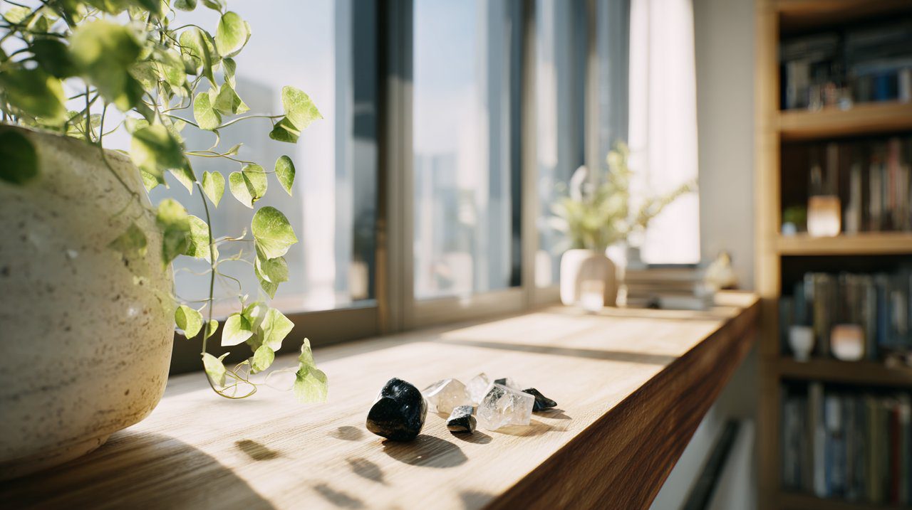 Black Tourmaline and Shungite crystals in a modern home for energetic protection