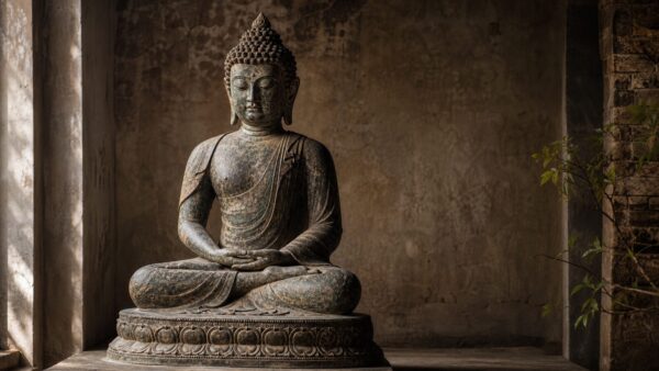 Seated Buddha statue in meditation posture with hands resting in Dhyana Mudra.