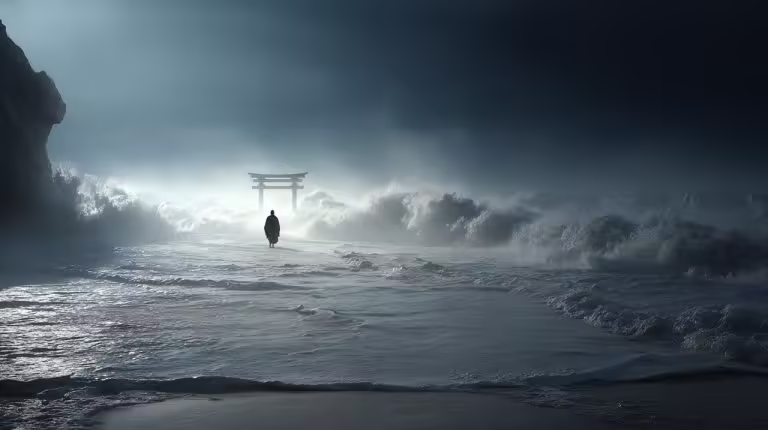 A visual metaphor for transcending suffering to reach enlightenment.