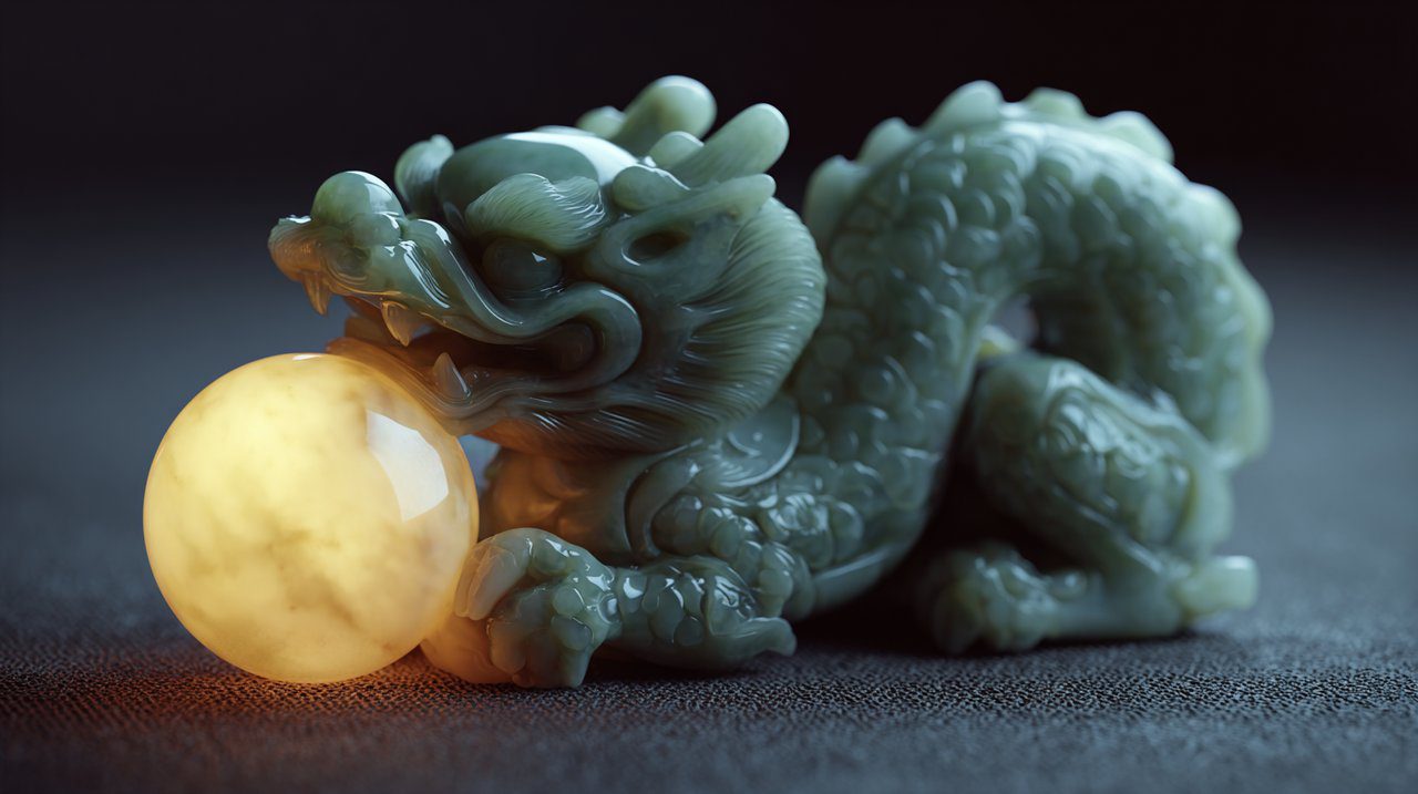 Close-up of a Buddhist dragon statue holding a glowing pearl.