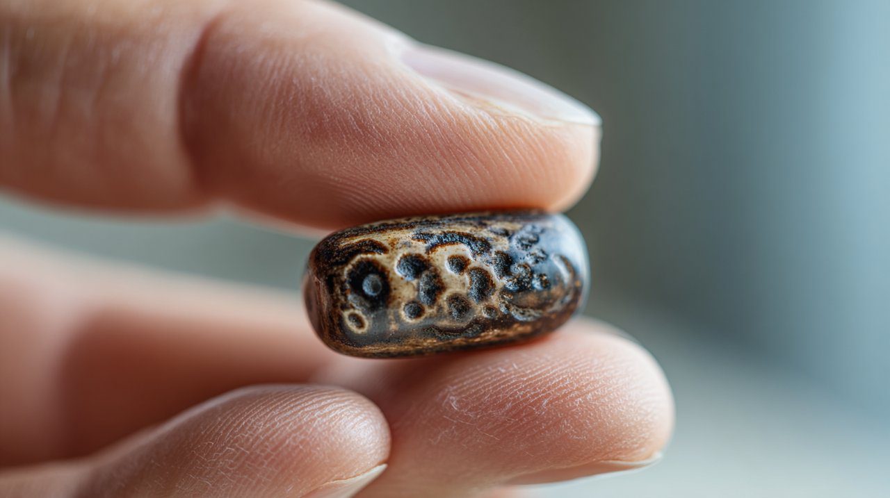 A hand gently holding a Nine-Eyed Dzi bead