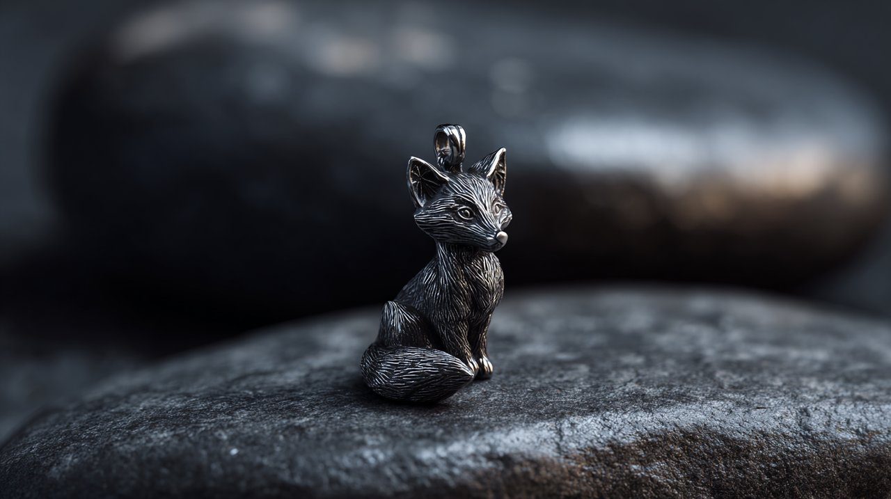 Close-up of a sterling silver fox pendant.