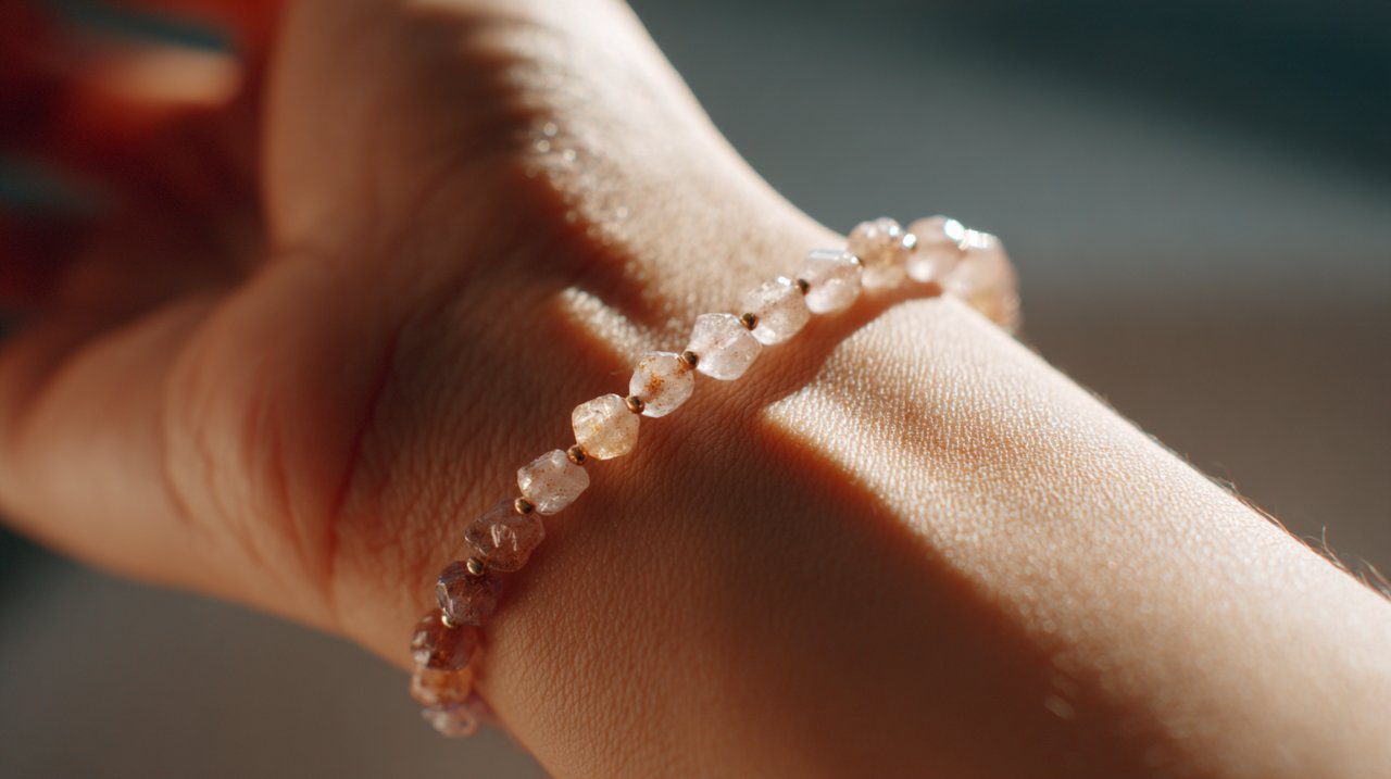 A person wearing a natural gemstone energy bracelet