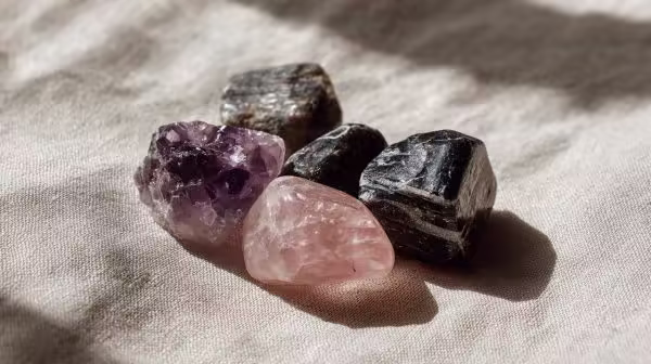 Pequeñas piedras naturales de amatista, cuarzo rosa y turmalina negra dispuestas juntas.