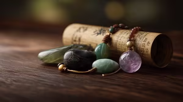 Una colección de varios amuletos de la suerte para la salud y el bienestar.