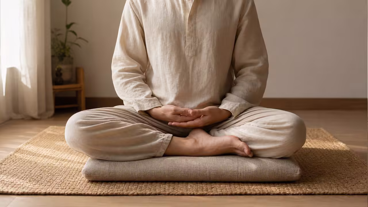 Práctica de la postura de meditación Persona meditando sentada sobre un cojín con las manos en Dhyana Mudra.