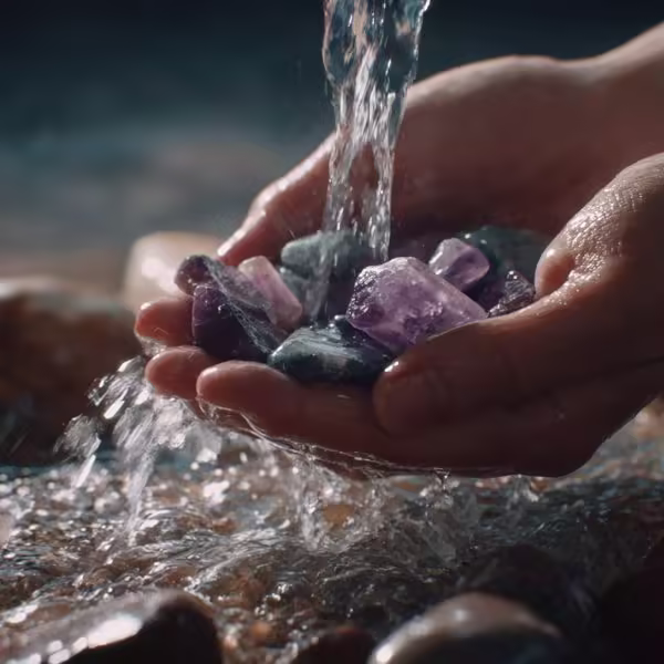 Una mano limpiando pequeños cristales bajo el agua corriente.