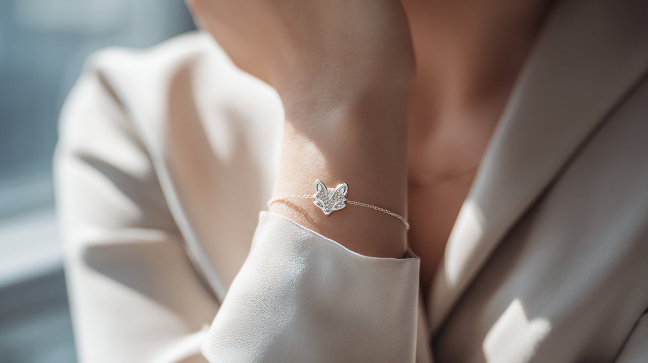 A person's wrist adorned with a stylish nine-tailed fox bracelet, complementing a minimalist outfit.